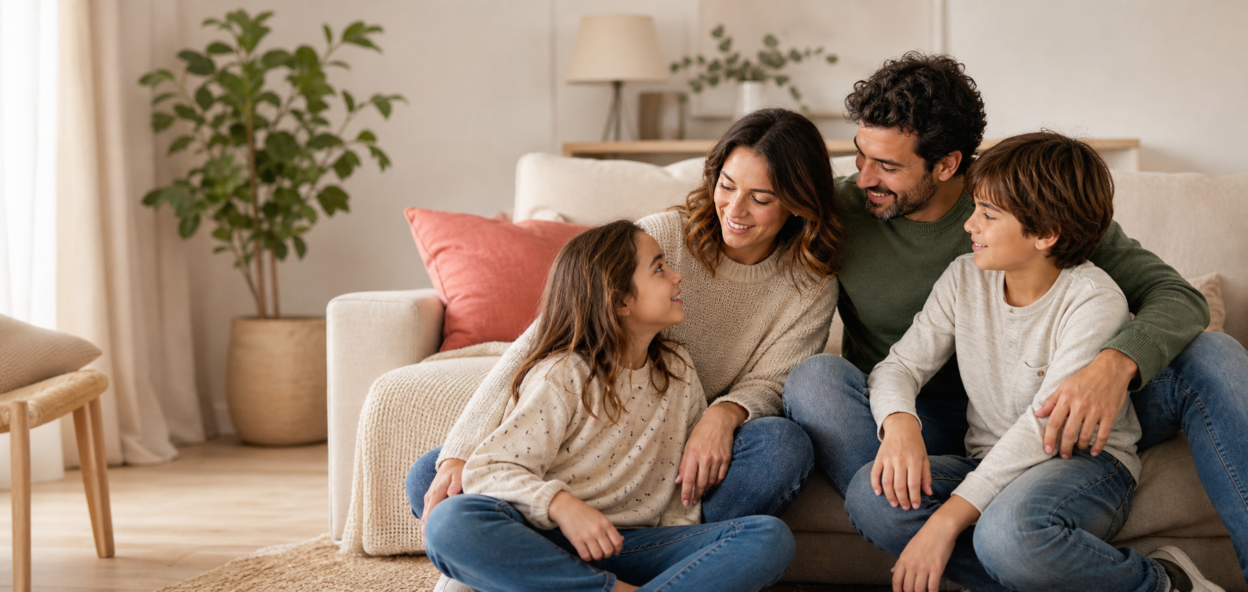 Dos padres junto a sus dos hijos compartiendo un momento de conexión en familia
